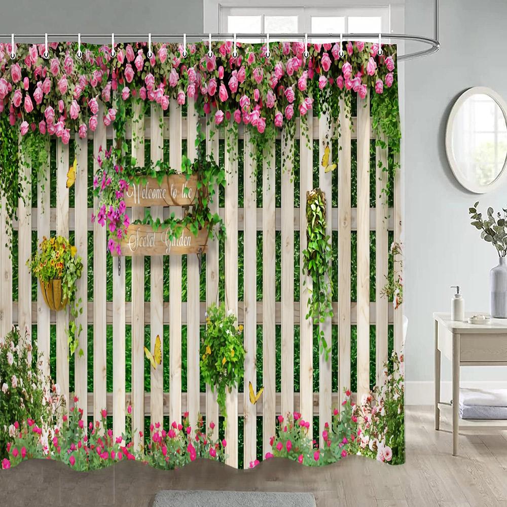 Garden Flowers Scenery Shower Curtains Natural Rustic Pink Floral Plant Modern Wall Hanging Polyester Bathroom Curtain Decor Set