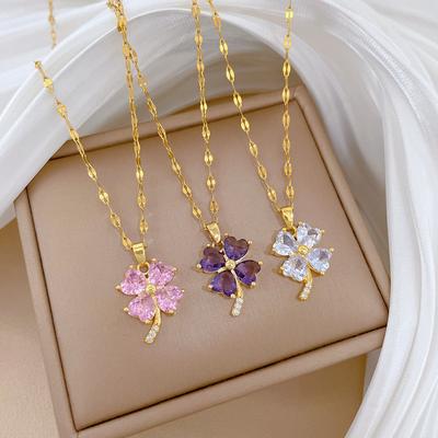 Small Fresh Four-Leaf Flower Zircon Pendant Necklace Geometric Tide Collarbone Chain