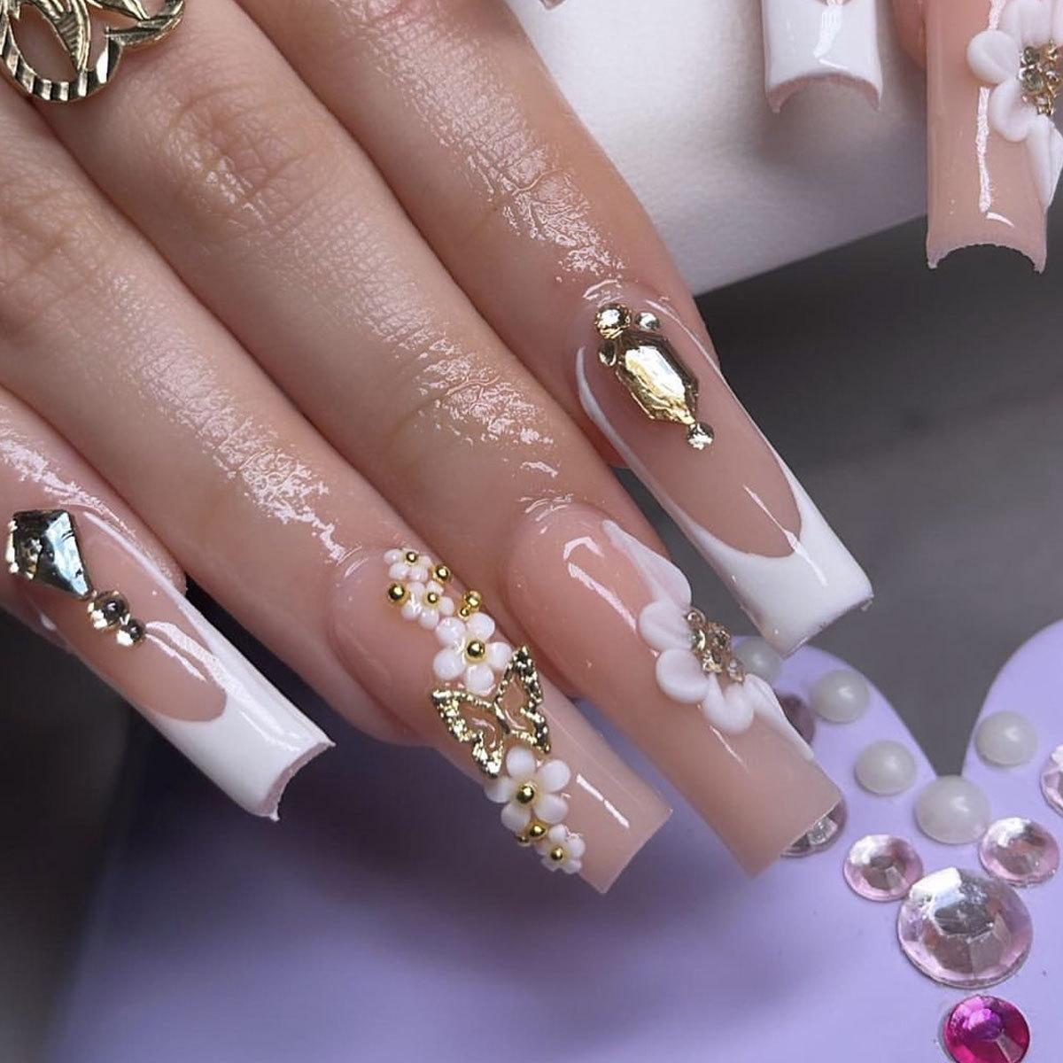 

Golden Butterfly Long French Floral Nail Art Patches False Nails