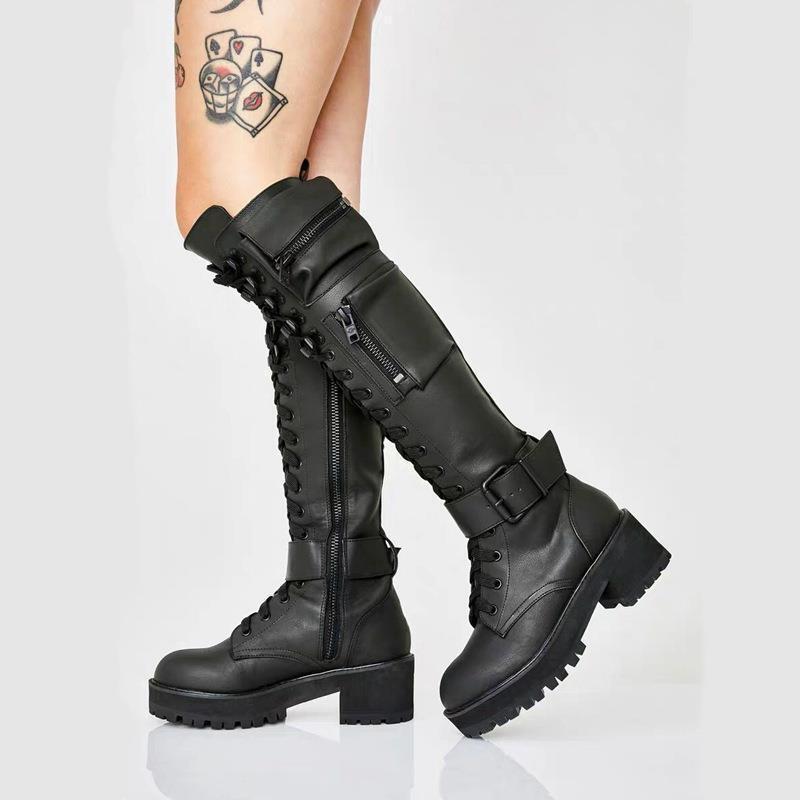 Stivali Alti con Plateau e Tacco Basso Autunno/Inverno con Cinturini con Fibbia, Taglie 40-43 Plus