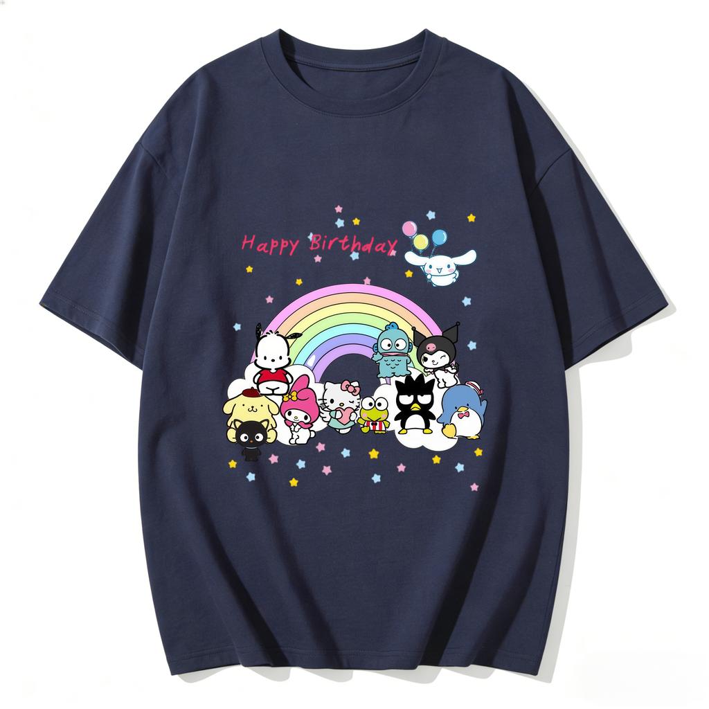 2026 New Sanrio Characters Happy Birthday Cartoon Print Tshirt Family Matching Outfits Casual Short Sleeve Tee Women Unisex Kids