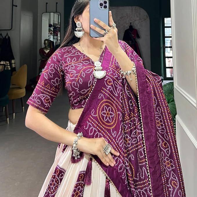 Women's Bandhej Printeed Tussar Sillk Lehenga Choli Set  ,Unstiched Blouse