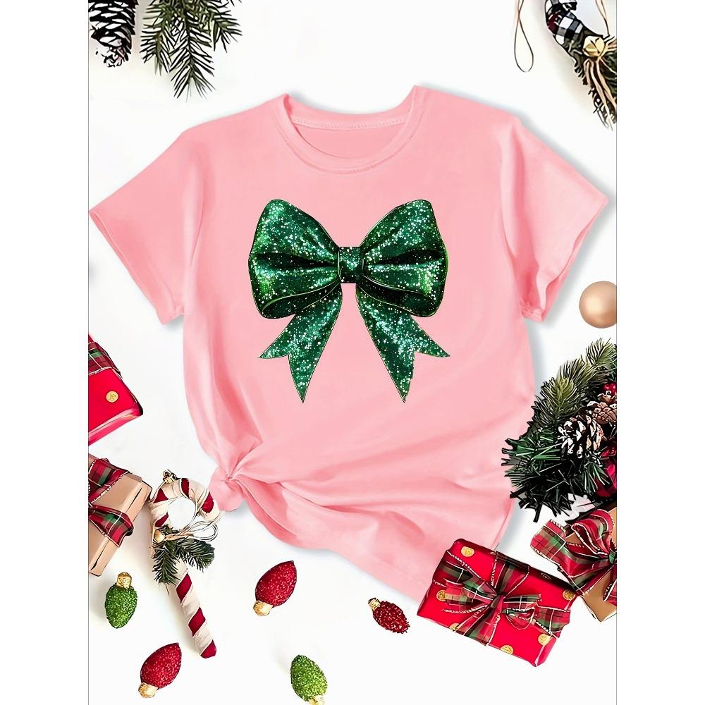 Women's Christmas Short Sleeve Green Sequin Bow Print Round Neck Casual T-Shirt Fashionable Clothing