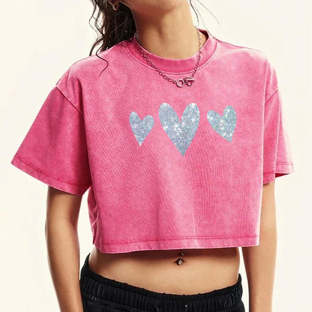 Silver Diamond Pattern Love Print Washed T-Shirt Women Retro Fashion T Shirts O-Neck Cool Clothes Short Sleeve