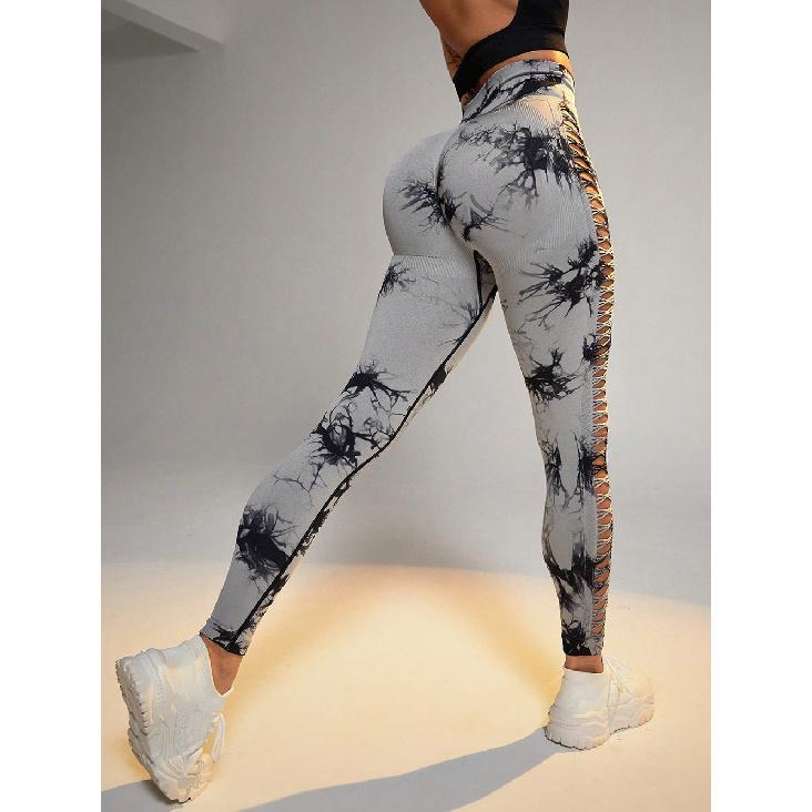 

Уличные полые брюки для йоги, спортивные брюки для фитнеса с высокой талией и эффектом «персиковых ягодиц», дышащие бесшовные брюки для йоги с принтом тай-дай для женщин S светло-серый