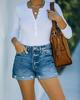 Women's Dark Blue Washed Denim Mid-Waist Shorts - Straight Fit, Cotton, Casual Style, 2021.