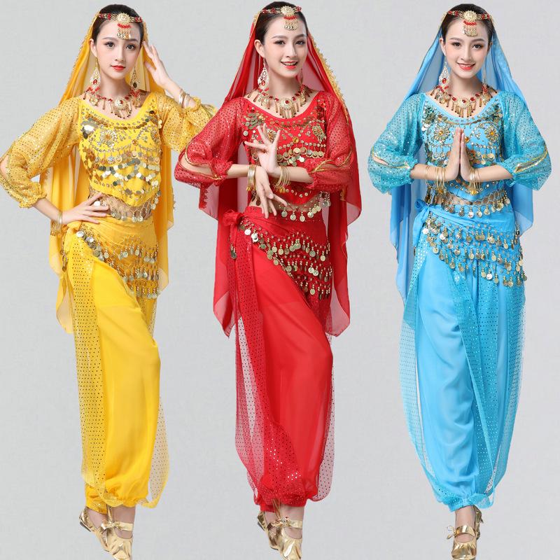 Dámská etnická výkonnostní souprava s dlouhým rukávem: Belly Dance Highlight Kalhoty a Top