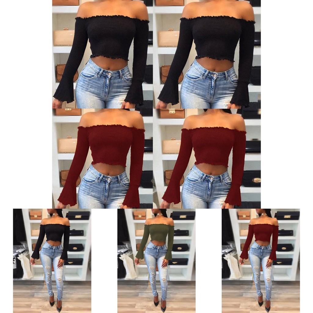 Women Summer Casual Off Shoulder Tank Top Stylish Long Sleeve Crop Top Shirt