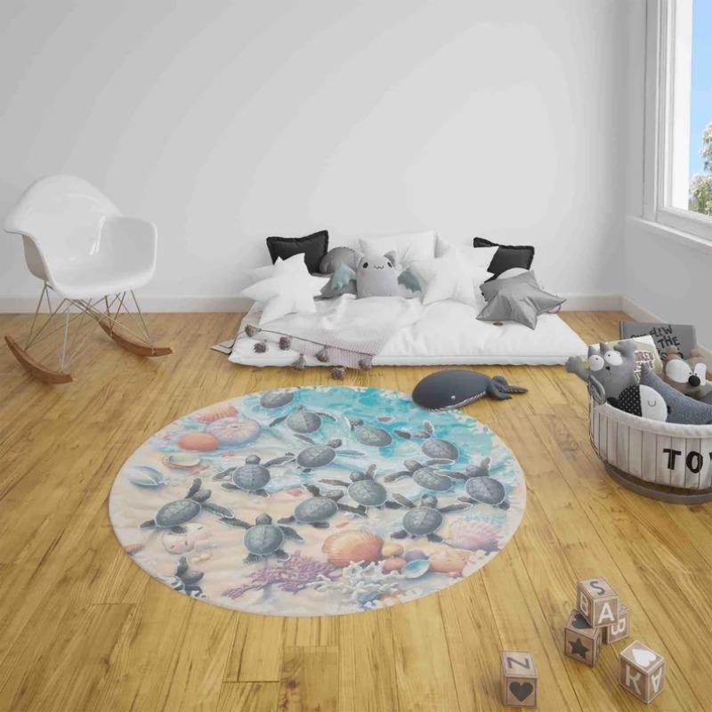 Vibrant Sea Turtle Swarm Rug Circle Carpet with Playful Turtles & Coral Reef Ocean Life Mat for Vibrant Home & Kids Room Decor