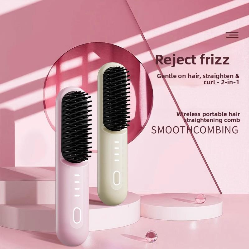 Cross-border Wireless Ceramic Coating Hair Straightening Comb with Negative Ions Dual-Use for Curling & Straightening
