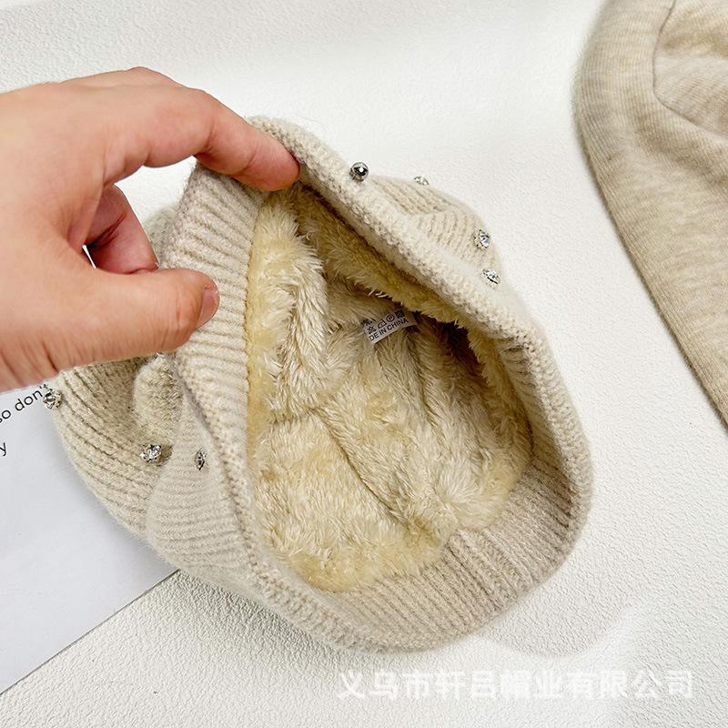 Autumn and winter new plush thickened wool hat women's trendy diamond-encrusted wool cold hat warm knitted hat pullover hat