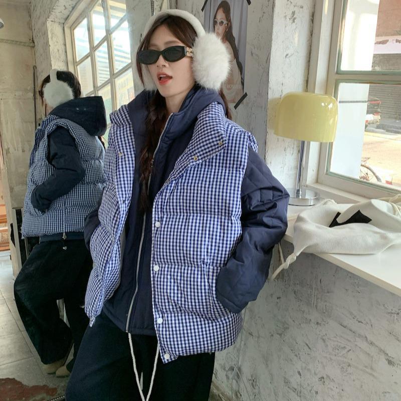 

Премиальный синий клетчатый пуховый хлопковый жилет женский зимний утолщенный верхняя одежда хлеб хлопковая куртка топ XL синий