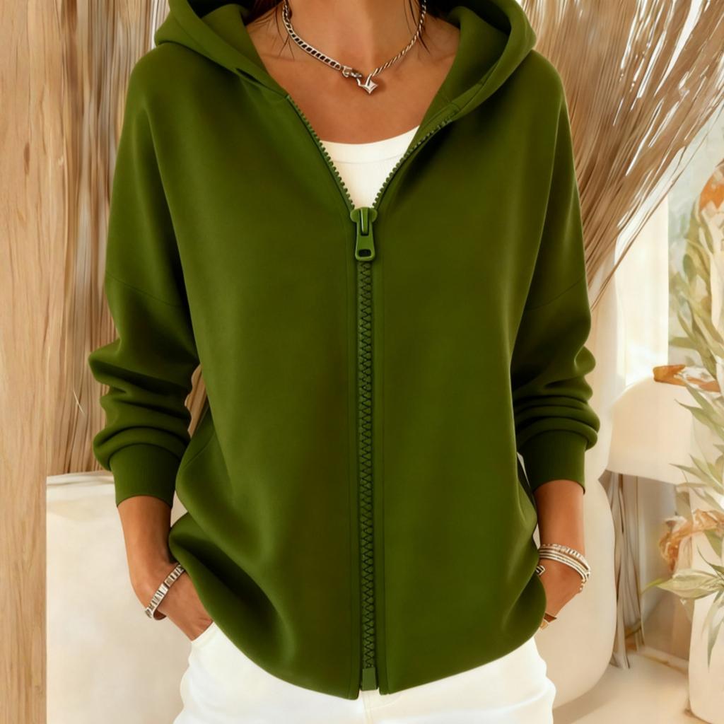 Fashionable Women's Loose Casual Solid Color Hooded Zippered Long Sleeve Jacket