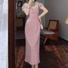 French red plaid dress women's summer new small man huge good-looking beautiful waist pinch dress