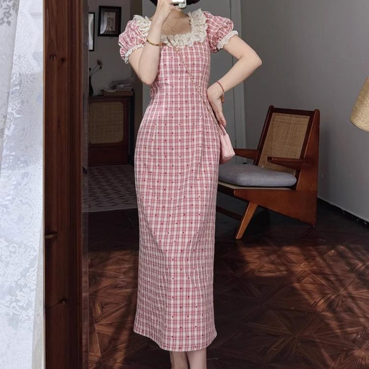 French red plaid dress women's summer new small man huge good-looking beautiful waist pinch dress