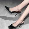 Chain rhinestone high heels women's thin heels pointed temperament French single shoes one word with bag head sandals 2025 new explosion