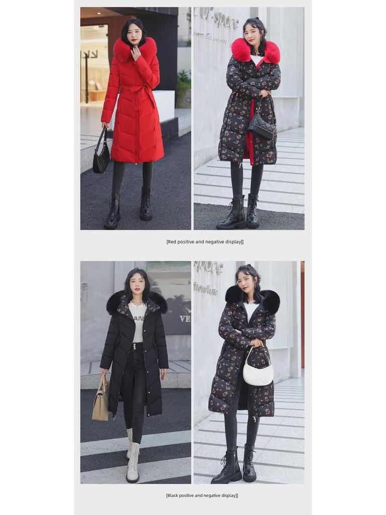 Women's Knee-Length Double-Sided Down Cotton Coat with Large Fur Collar Hood - New Winter Fashion.