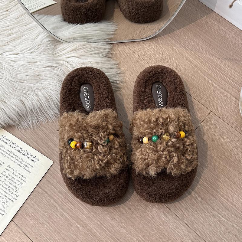Thick-bottomed outer wear high-end fluffy slippers for women's 2025 autumn and winter new versatile fashion beaded cotton slippers