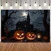 Background Halloween for Photography Night Dark Forest Castle Full Moon Pumpkin Lantern Bat Family Friends Party Photo Backdrops2