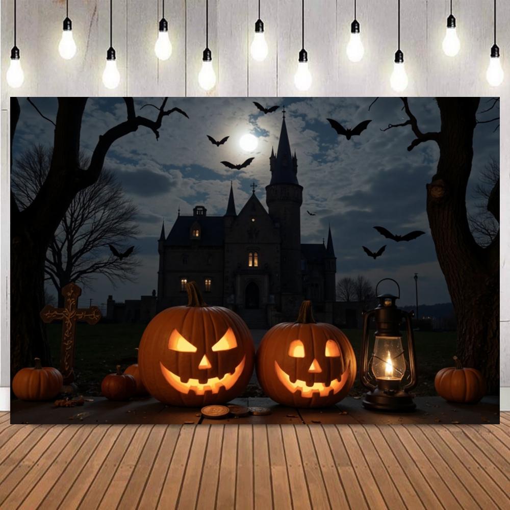 Background Halloween for Photography Night Dark Forest Castle Full Moon Pumpkin Lantern Bat Family Friends Party Photo Backdrops2