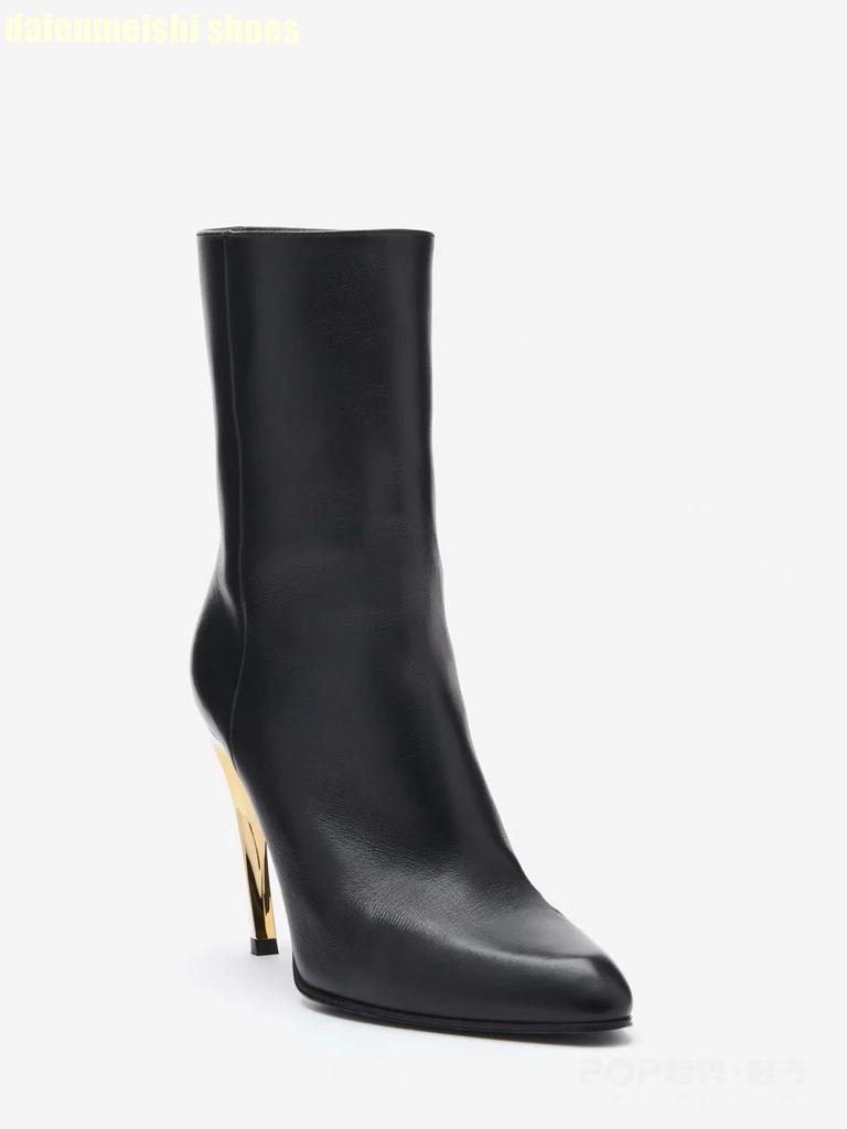 Botas Cortas de Tacón Alto Stiletto Estilo Metálico Extraño 2025 Nuevas Botas de Punta Hasta la Pantorrilla Cremallera Lateral Botas Negras para Mujer