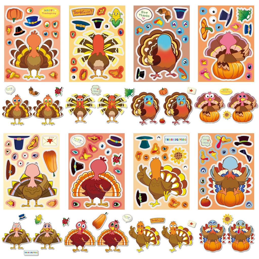 8 Styles/package Thanksgiving Turkey Face Change Stickers DIY Cartoon Cute Festival Make A Face Puzzle Sticker