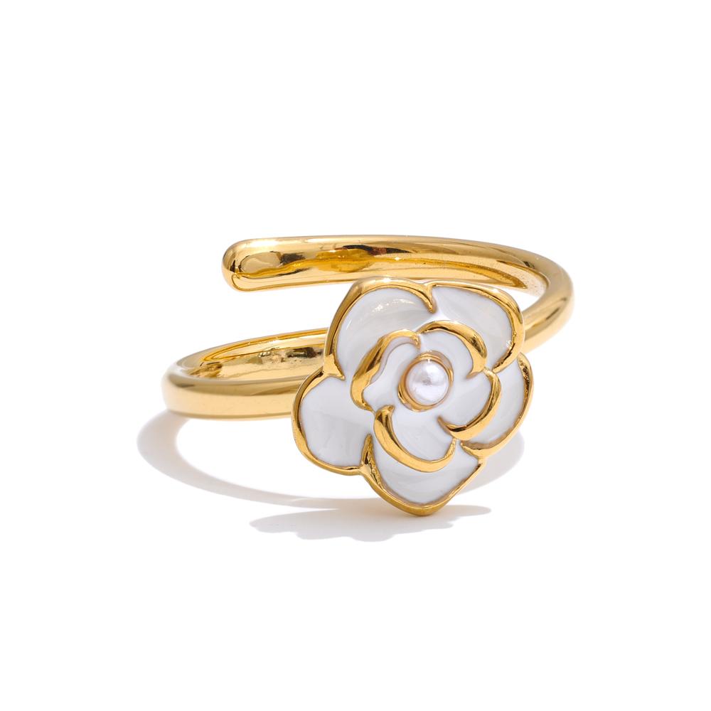 

Yhpup Trendy Style Pearl Enamel Flower Adjustable Ring for Women Stainless Steel Gold Color Charm Jewelry Wholesale Gift resizable