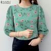 ZANZEA Damen 3/4-Ärmel Freizeit Rundhals Floral bedruckte Bluse