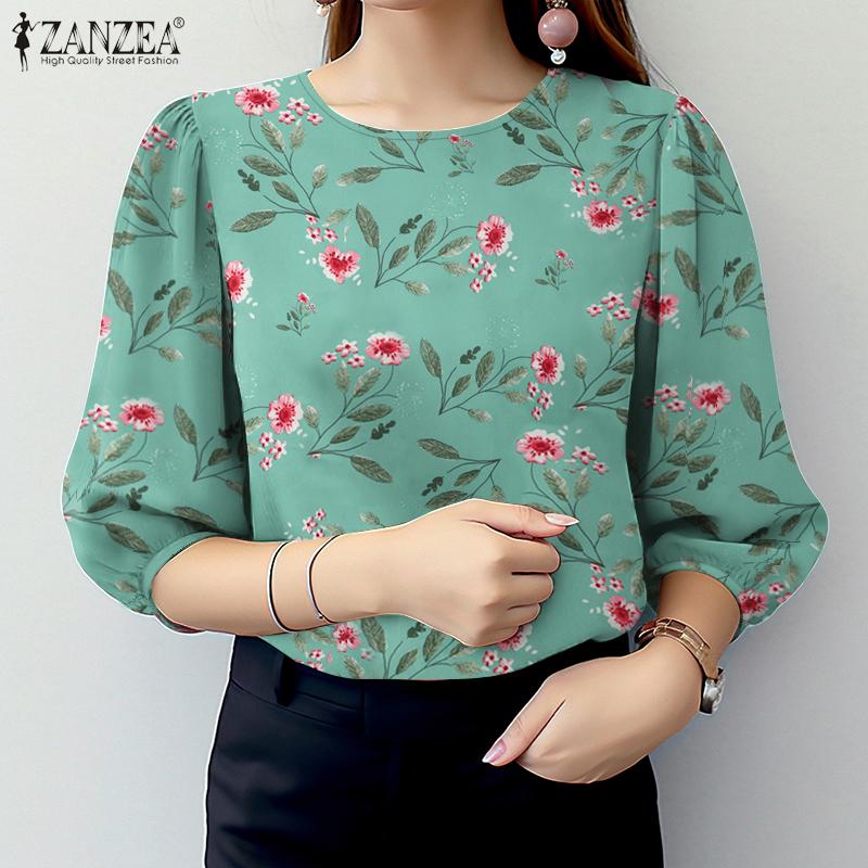 ZANZEA Damen 3/4-Ärmel Freizeit Rundhals Floral bedruckte Bluse