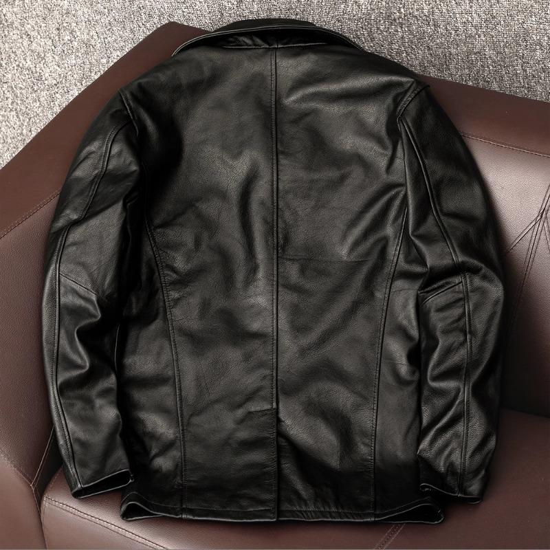 Mens Mid Length Trench Coat Genuine Top Grain Leather Jacket Big Size Business Casual Dad Outerwear