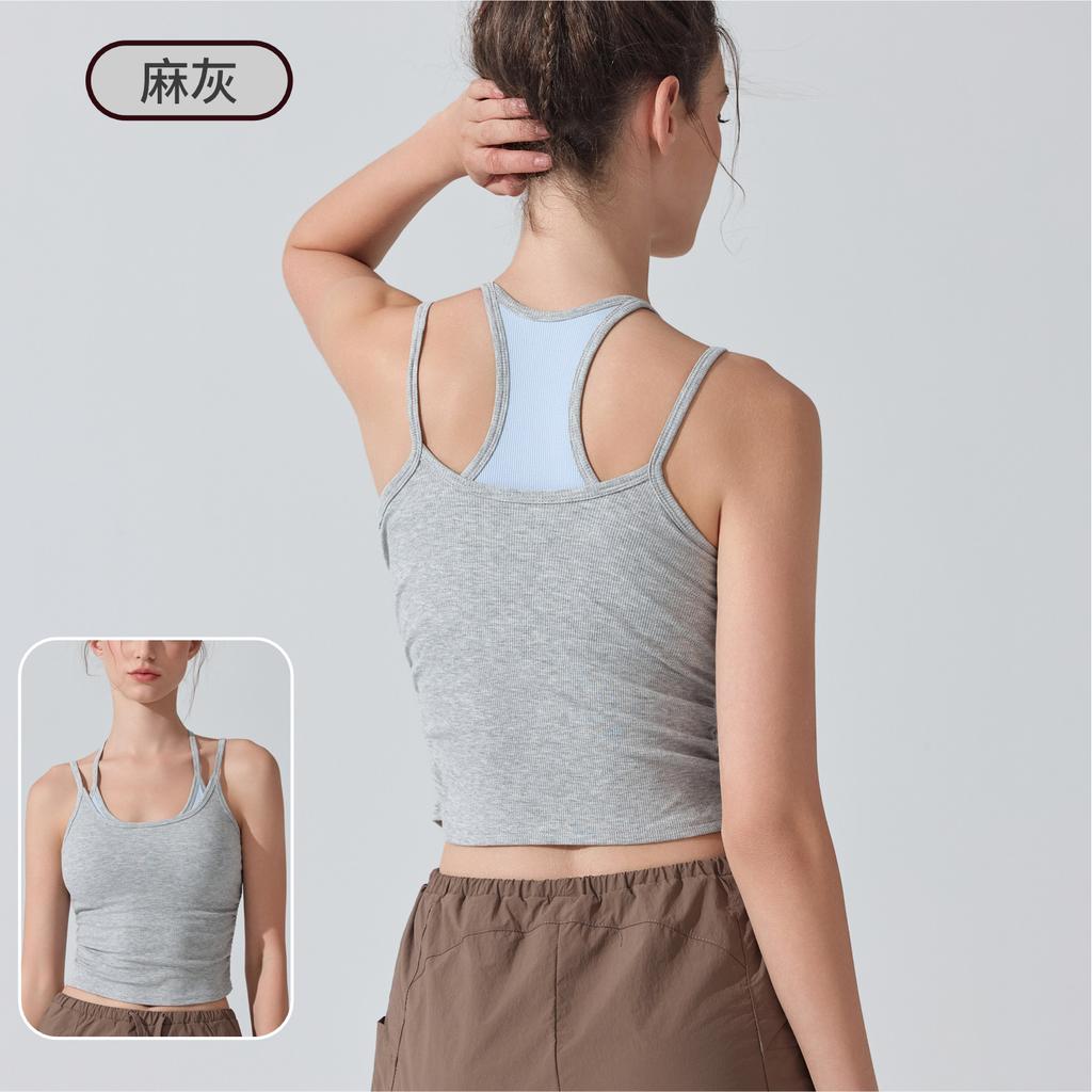 Fake two-piece suspender with chest pad, rib with cup, I-shaped outer wear, sports underwear, fitness nude yoga vest