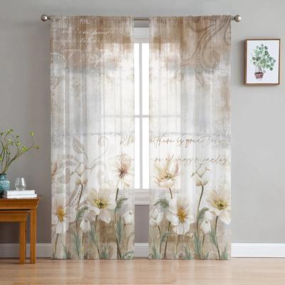 Flowers Retro Plants White Flowers Bedroom Transparent Sheer Curtains Holiday Decoration Window Voile Tulle Curtain