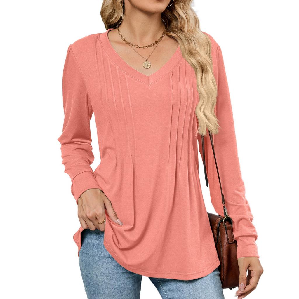 Fall Winter New Solid Color V-neck Striped Loose Long Sleeve T-shirt Top For Women, Amazon Cross-border European American Women's Clothing