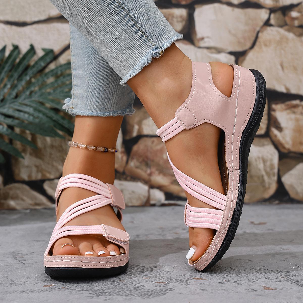 

Жіночі літні рибальські сандалі - Регульований ремінець на щиколотці з відкритою платформою на танкетці, Повітропроникне повсякденне пляжне взуття, Сандалі з тонкими ремінцями 36 рожевий