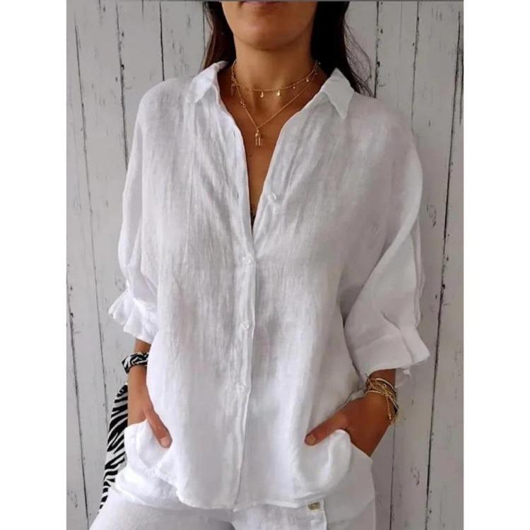 Women's Casual Blouses Spring Fall Fashion Print Solid Color 3/4 Sleeves POLO Neck Shirts