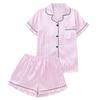 Women's Pinstripe Satin Pajama Set: Short Sleeve Cardigan & Elastic Waistband Shorts