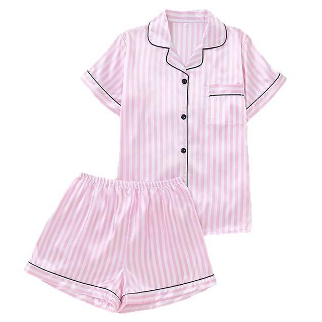 Women's Pinstripe Satin Pajama Set: Short Sleeve Cardigan & Elastic Waistband Shorts