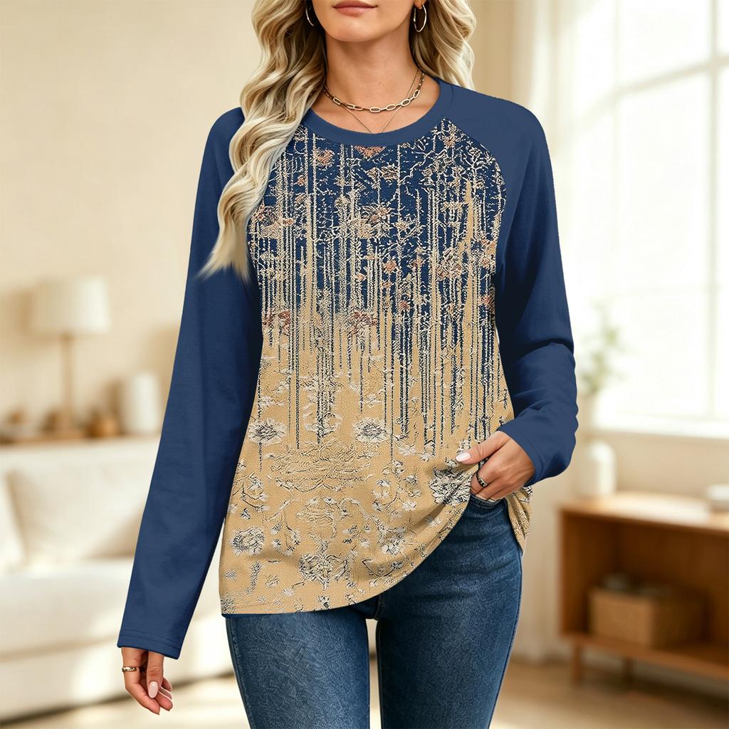 Women's Printed Colorblock Raglan Sleeve Neck Long Sleeve Sweatshirt