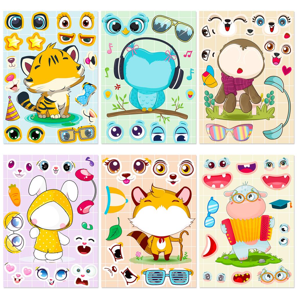 6 Photos/pack of Cute Cartoon Animal Face Swap DIY Puzzle Stickers for Children's Early Education Thinking Training Stickers