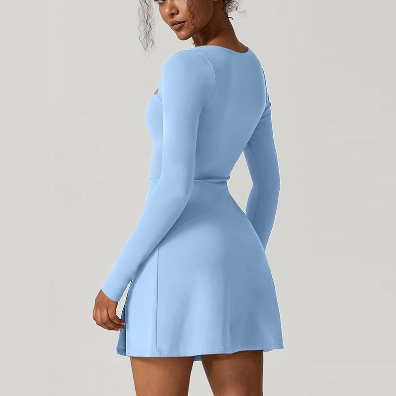 Womens Square Neck Bodice Dress Long Sleeve Side Slit Flare Mini Dresses