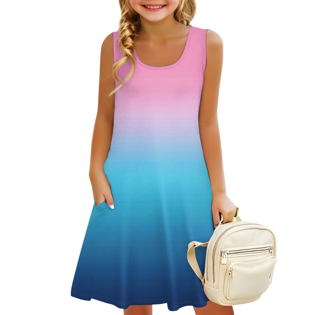 Children's Sleeveless U-neck Summer Gradient Color A-line Casual Holiday Dress