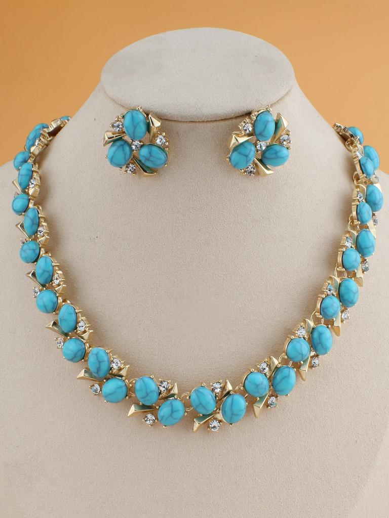 Vintage Turquoise Artificial Pearl Inlay Jewelry Set Necklace Earrings Elegant Statement Accessories for Women