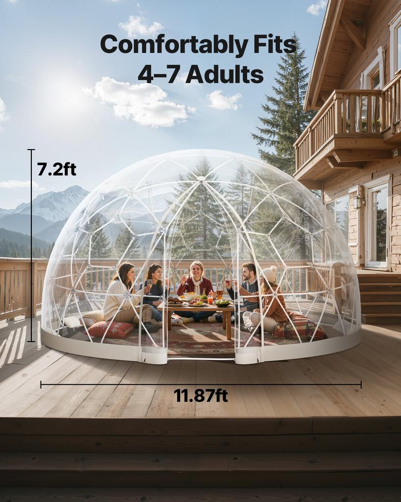 VEVOR Cupola Igloo da Giardino, 3,6 x 2,2 m Tenda a Bolla Trasparente da Esterno per 4-7 Persone, Serra Geodetica a Cupola Resistente alle Intemperie con Finestra