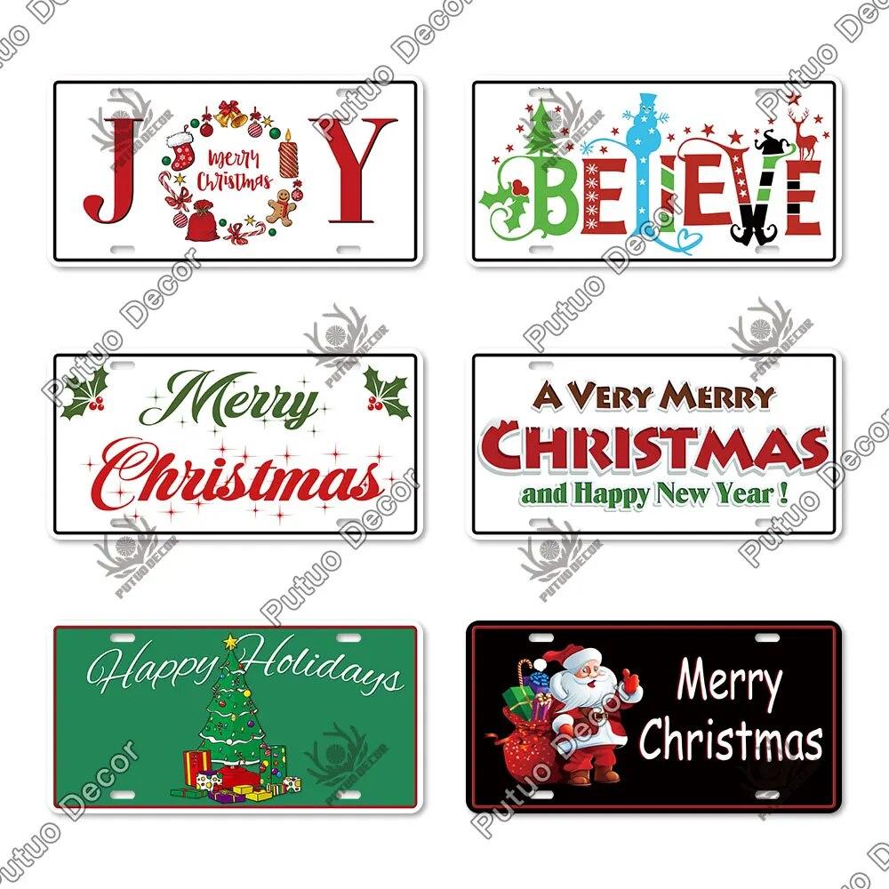 Putuo Decor Merry Christmas License Plate Tin Sign Plaque Metal Vintage Poster for Home Bar New Years Navidad Gift Wall Decor