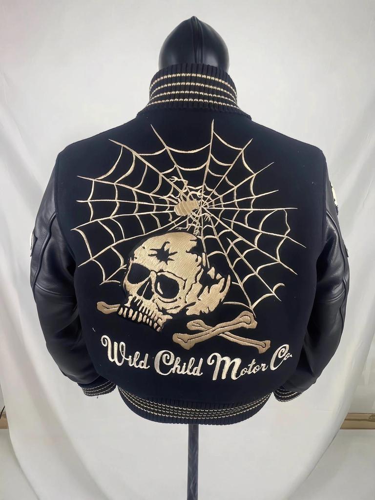 American Skull Knight Slim Fit Stand Collar Leather Baseball Jacket