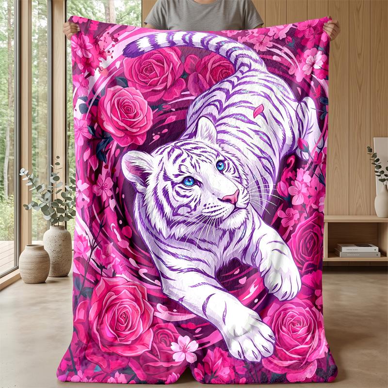 Tiger amidst roses 2 Theme blanket Lightweight Warm Flannel Blanket Decorative Throw Blanket for Home Decoration