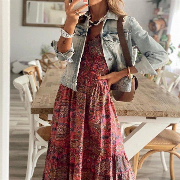 Maxi robe Bohème Rétro Florale 2022 avec Ceinture Définissant la Taille et Évasée