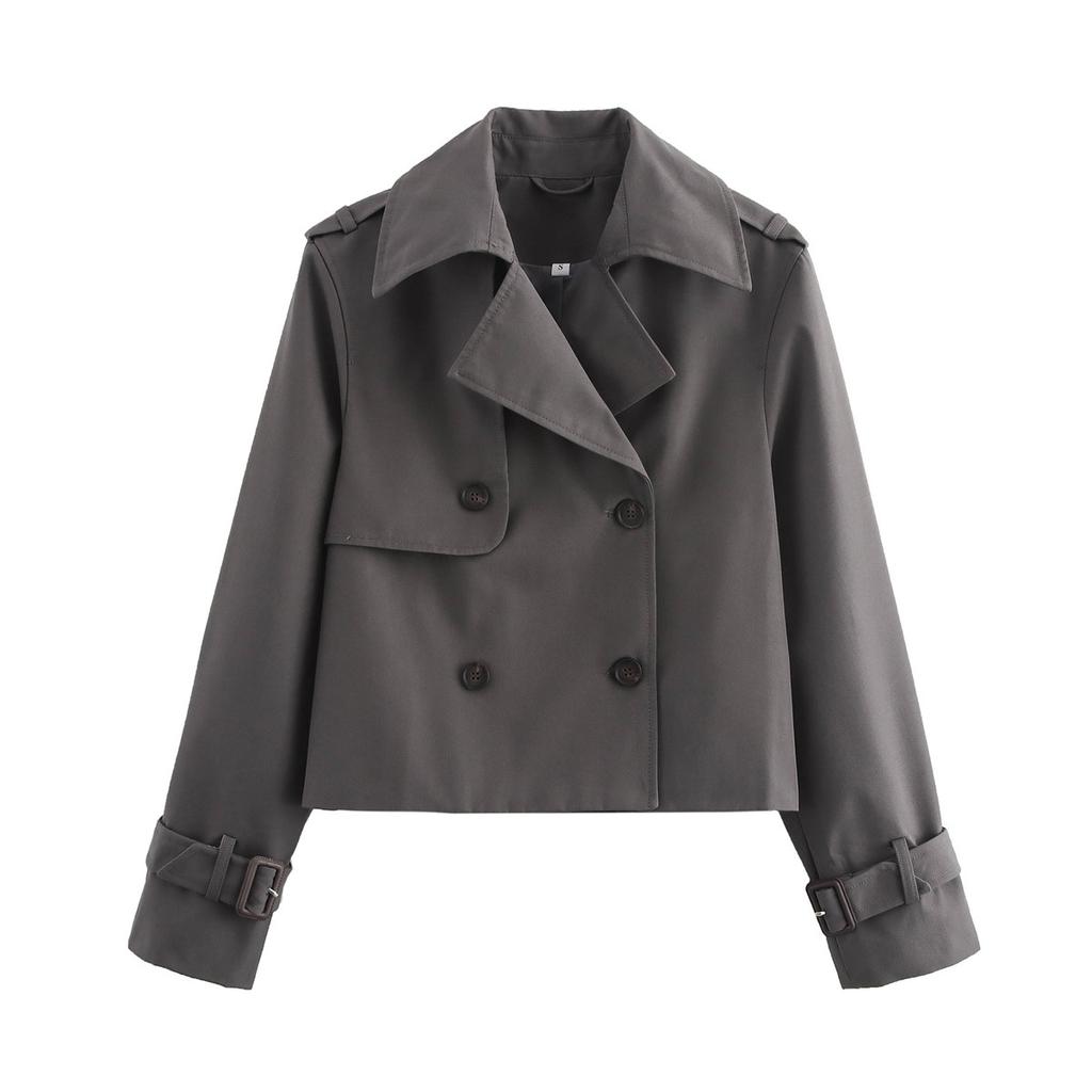 YENKYE Nieuwe Herfst Dames Effen Cropped Trenchcoat Vintage Dubbelrijig Lange Mouwen Korte Jas Reverskraag Windjack