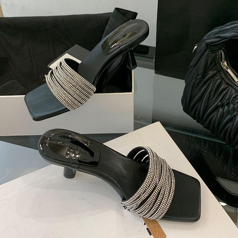 

Fashion Luxury Rhinestones Ladies Thin Heels Slides Sandals Shoes Fashion Square Toe Elegant Women Heeled Sandals Shoes Female Pumps 35 чёрный