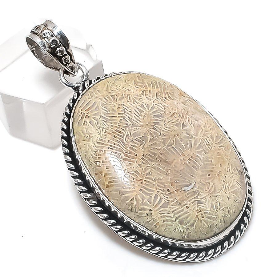 

Ископаемый коралл драгоценный камень 925 стерлинговое серебро ювелирное изделие кулон 2,09